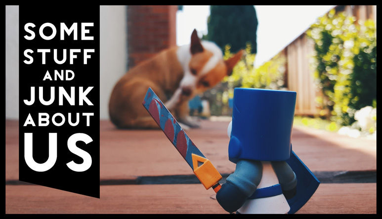 About Us header image - knight toy facing off against a beast dog